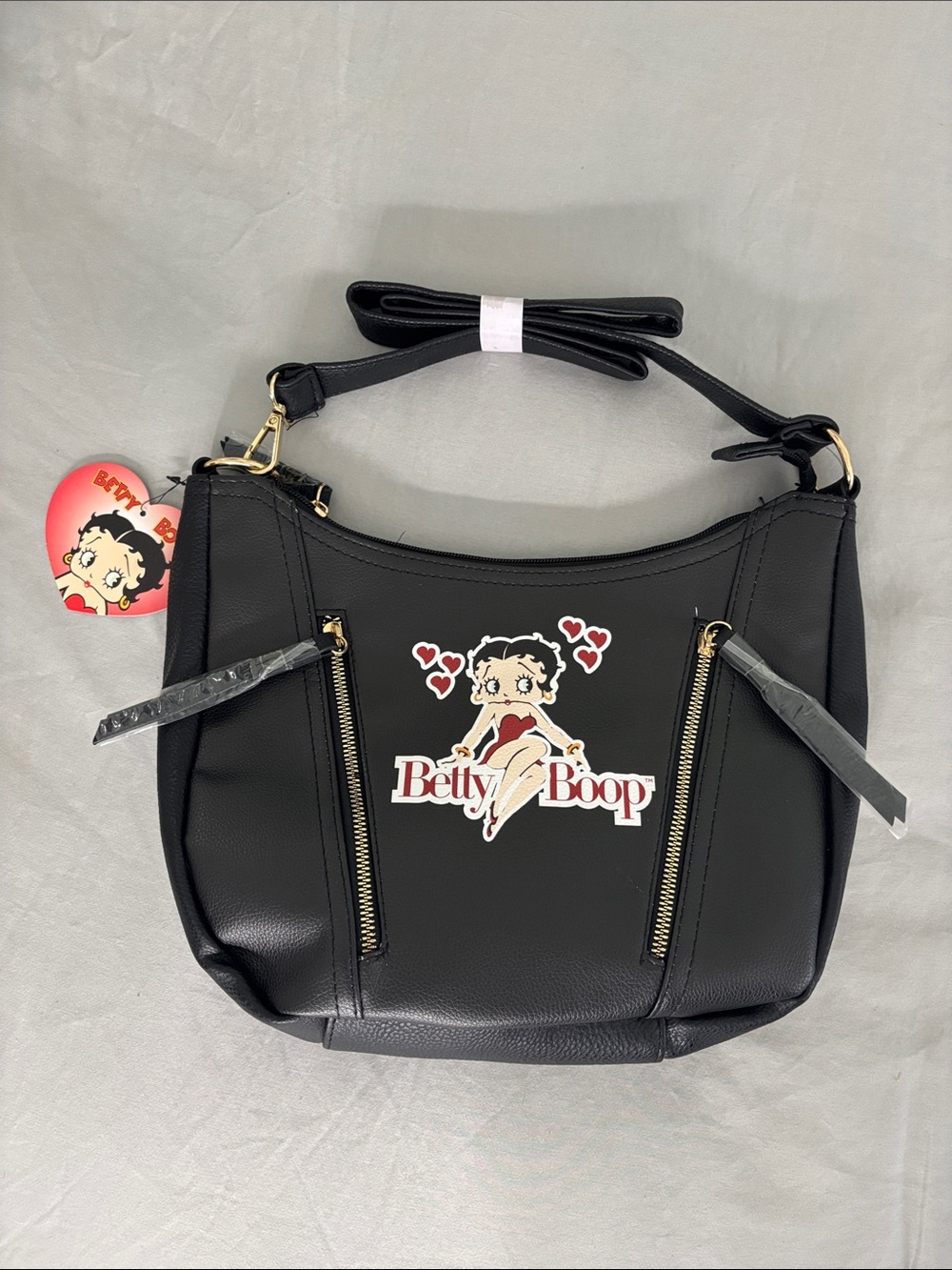 Betty Boop Black Shoulder Bag with Character Graphic and Hearts